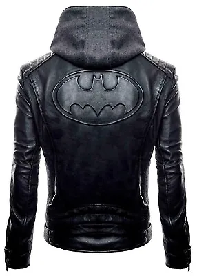Buy Genuine Batman Logo Black Stylish Biker Detach Hoodie Retro Real Leather Jacket • 68.32£