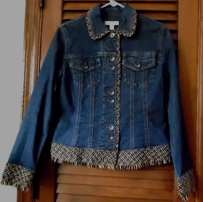 Buy Coldwater Creek Blue Denim Jean Jacket W/ 2 Pockets W/ Decorative Tweed Size 6 • 11.52£