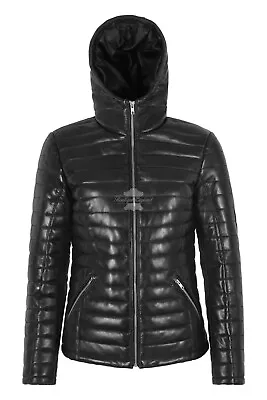 Buy Ladies PUFFER Hooded Leather Jacket Real Napa Quilted Padded Fashion Jacket 6188 • 159.67£