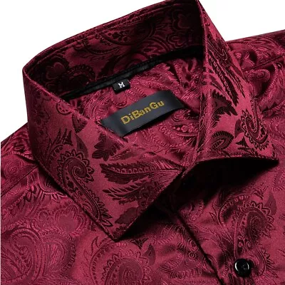 Buy Fashion Shirts Red Silk Button Long Sleeve Down Regular Slim Fit Shirts For Men • 19.99£