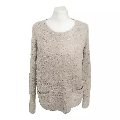 Buy Boucle Sequin Jumper Size 12 Knit Sparkle White Gold Pockets Soft Shaggy • 16.49£