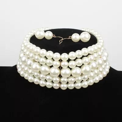 Buy Pearl Choker Necklace And Dangle Earrings Women Jewelry Elegant Collar Necklace • 9.31£