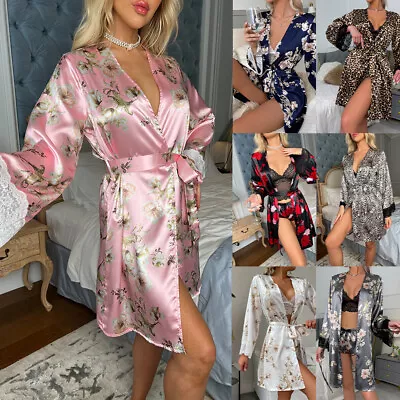 Buy Womens Satin Silk Dressing Gown Bathrobe Nightwear Pyjamas Loungewear Kimono PJS • 8.19£