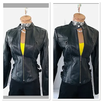 Buy NEXT Black Genuine Leather Biker Jacket Uk Size 8 • 65£