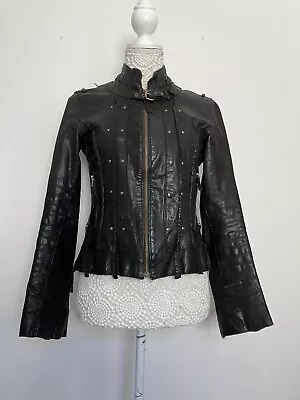 Buy AllSaints DARIA Brown Leather Jacket Biker Pockets 8 10 Corset Steampunk Style • 115£