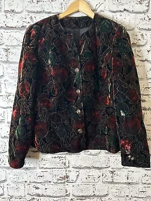 Buy Vintage Women's Black Dark Floral Velour Longsleeve Accent Button Jacket Size 14 • 12.99£