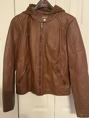 Buy Ladies Faux Brown Leather Jacket Large Detachable Hood New Without Tags Stylish • 6.43£