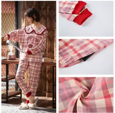 Buy Elegant Kawaii Plaid Ruffled Pyjama Sets Cotton Strawberry Milk Peter Pan Collar • 46.25£
