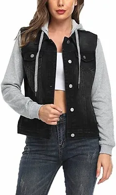 Buy Dilgul Women S Hooded Denim Jacket Fashion Long Sleeve Jeans Jacket,Black,XS • 18.99£