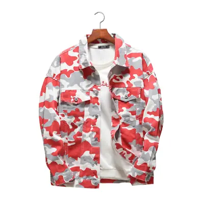 Buy Mens Camouflage Denim Jacket Punk Hip Hop Locomotive Casual Coat Long Sleeve • 44.39£