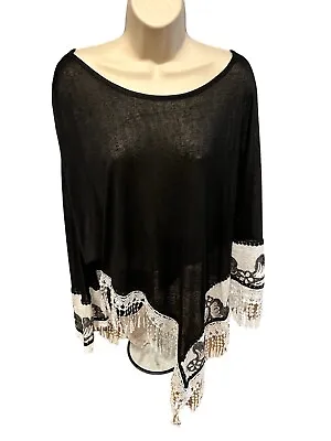 Buy NWT Adore Black Abstract Fringe One Sleeve Lace White Trim Poncho Top Size L • 28.77£