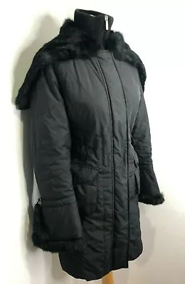 Buy RoccoBarocco Black Padded Quilted Long Fur Trim Hooded Parka Jacket Coat 38 US 6 • 62.08£