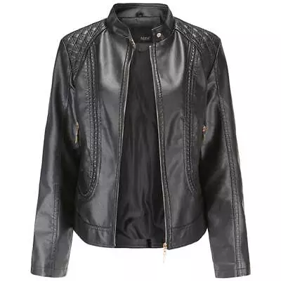 Buy Women Faux Leather Biker Jacket Ladies Stand Collar Zip Coat Outwear UK • 26.39£
