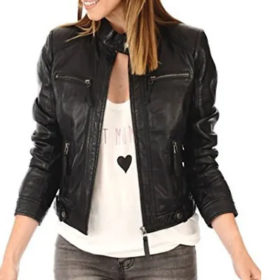 Buy Women Leather Jacket Black Slim Fit Biker Motorcycle Lambskin Jacket • 86.46£