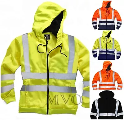 Buy Hi Viz Vis High Visibility Jacket Hoodie Work Zip Hooded Fleece Zipper S To 5XL • 17.99£