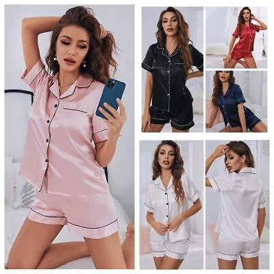 Buy Women Satin Pyjamas Nightwear PJs Set Ladies Silk Short Sleeve Button Sleepwear • 7.99£