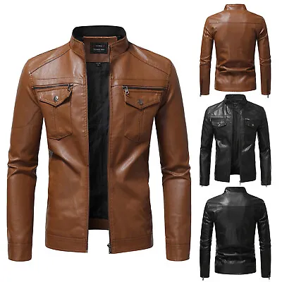 Buy Men's Stand Collar Faux Leather Jacket Full Zip Slim Fit Motorcycle Coat Outwear • 54.94£
