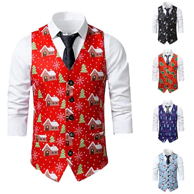 Buy Christmas Mens Vintage Waistcoat Xmas Party Festive Fancy Slim Vest Jacket Coats • 16.88£