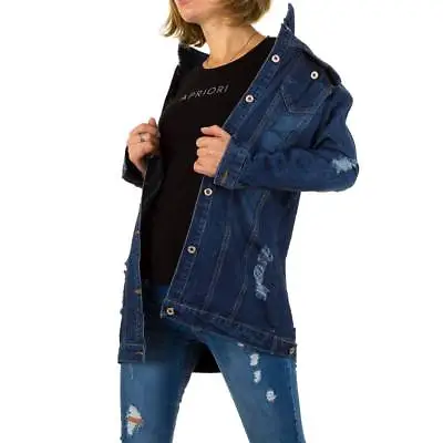 Buy Fashion Women Ladies Denim Jacket Dark Blue Distressed Long Line Jacket, Coat • 15.99£