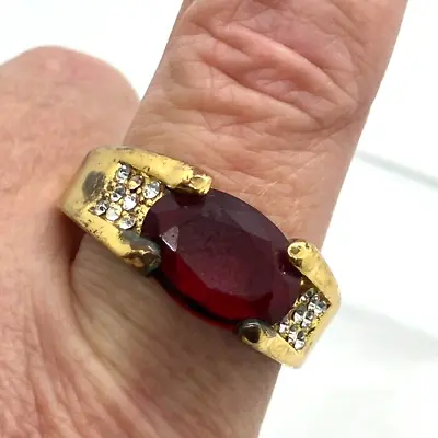 Buy Chunky Ring Size Z3 Unisex Gold Tone Red Plastic Bead Vintage Costume Jewellery • 0.99£