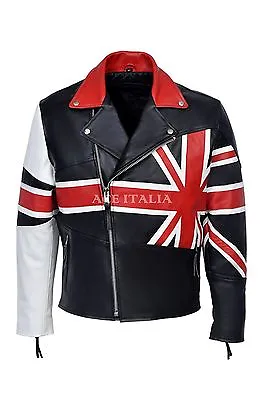 Buy Men's BRANDO UNION JACK Motorcycle BRITISH FLAG Biker Hide Real Leather Jacket • 79.20£