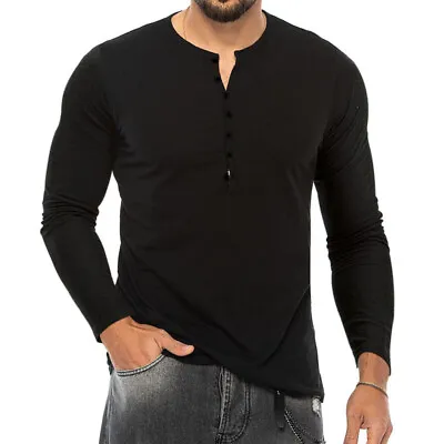 Buy Mens Grandad Long Sleeve V-Neck Shirt Top Casual Button Collarless T Shirt Tee • 13.29£