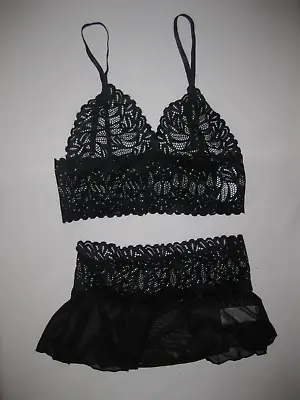 Buy Shein Sheer Lace & Mesh Bralette & Skirt Lingerie Pj Set S Black Nip Goth • 12.55£