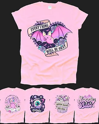 Buy Spooky Bat Flower Spell Pink Skull Skeleton Goth Witch Emo Cute Halloween Tshirt • 9.99£