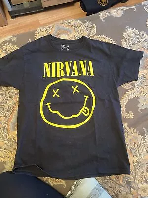 Buy Nirvana Yellow Smiley Face Black T-Shirt Size Large Short Sleeve • 7.87£