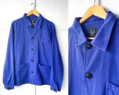 Buy 60s Chore Jacket French Style Bugatti Blue Washed Herringbone Cotton Twill • 59.95£