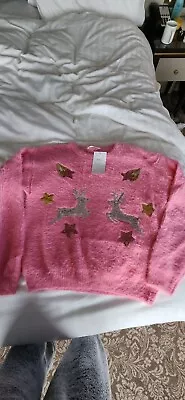 Buy Beautiful Pink GIRLS M&S Christmas Reindeer Jumper BNWT Age 15-16 • 10£