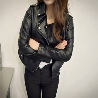 Buy Women Faux Leather Jacket Coat PU Outerwear Zip Pocket Slim Biker Punk Clubwear • 41.99£