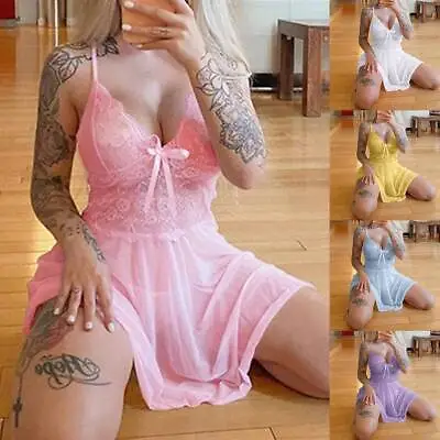 Buy Sexy Women Lace Lingerie Sheer Nightdress Ladies Babydoll Thong Underwear Outfit • 1.99£