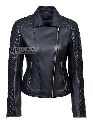 Buy Ladies  Biker Style Quilted Sleeve Short Soft Real Leather Jacket JESSIE • 55.25£