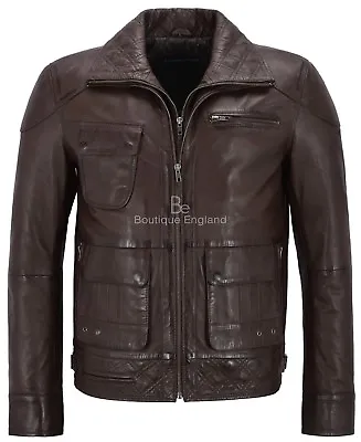 Buy Men's Biker Leather Jacket Brown Double Layered Collar & Zip Real Leather M-139 • 79.99£