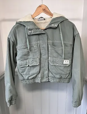 Buy BDG Jacket S Green Hooded Cropped Utility Bomber Sherpa Lined Urban Outfitters • 33£