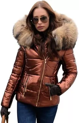 Buy Aox Woman's Brown With Faux Fur Winter Hooded Down Jacket / Overcoat - Size: XL • 26.43£