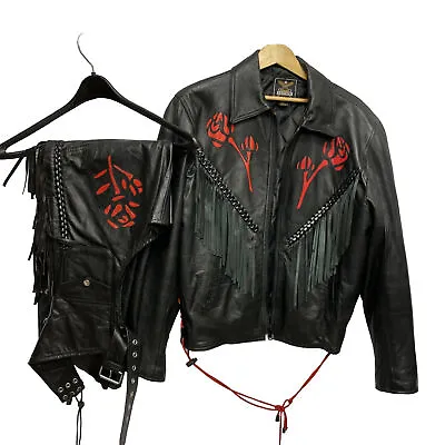 Buy Leather Biker Riding Jacket Coat Fringe Vintage Chaps Rose Cut Out Matching Set • 145.96£