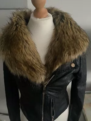Buy Izabel London Biker Jacket Black With Removable Fur Collar Size 8 • 40£