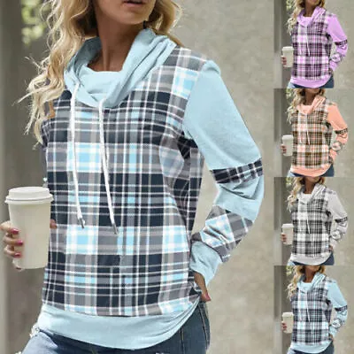 Buy Womens Plaid Check Hooded Hoodies Pullover T-Shirt Tops Casual Blouse Size 6-16 • 12.89£