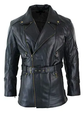 Buy Mens Black 3/4 Motorcycle Biker Long Cow-Hide Leather Jacket/Coat • 22.99£