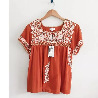 Buy THML Rust Burnt Orange Embroidered Boho Pull Over 100%Cotton Babydoll Top NWT M • 42.43£