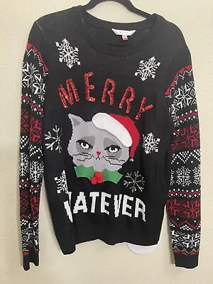Buy Ugly Merry Christmas Sweater Grumpy Cat Black Santa Jingle Bell Juniors XL XXL • 9.24£