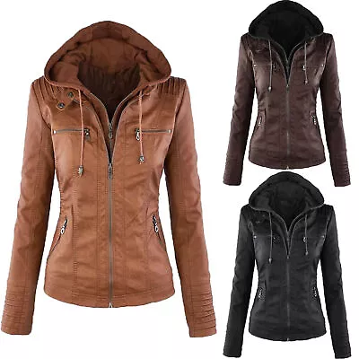Buy Womens PU Leather Biker Motorcycle Jacket Zip Up Hooded Coat Slim Fit Outwear UK • 23.47£