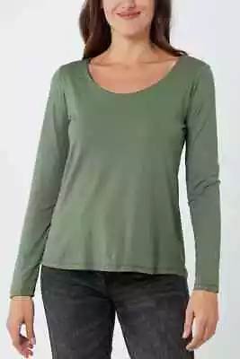Buy Women Long Sleeve Round Scoop Neck Plain T-Shirt Ladies Fitted Summer Top 8-26 • 9.49£