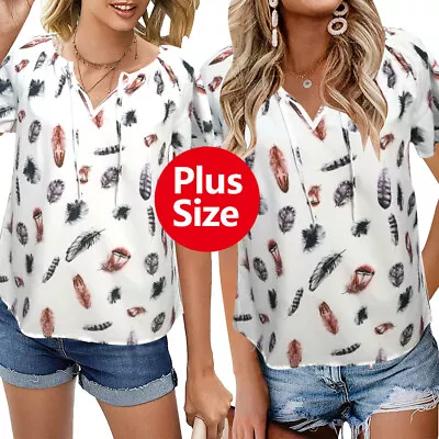 Buy Womens Plus Size T Shirts Short Sleeve Ladies Loose Blouse V-Neck Print Tops Tee • 7.98£
