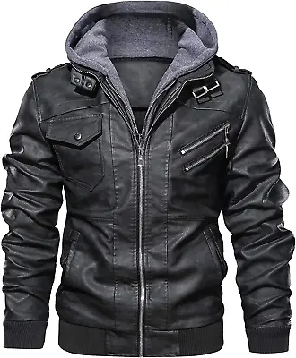 Buy Men’S PU Faux Leather Motorcycle Bomber Jacket With A Removable Hood • 64£