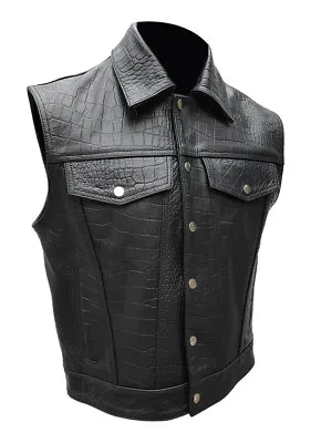 Buy Mens Black Alligator Crocodile Print Leather Motorcycle Biker Vest Waistcoat • 64.99£