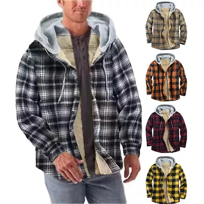 Buy Mens Shirt Jacket Hooded Sherpa Hoodie Men's Long Sleeve Work Single Breasted • 18.57£
