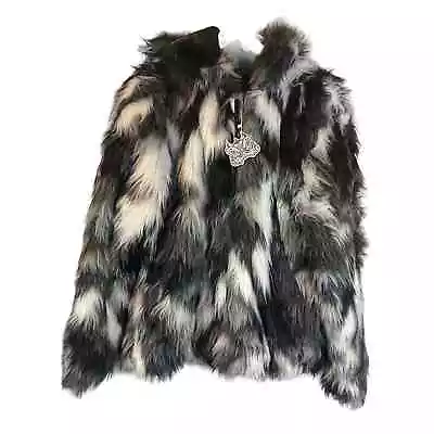 Buy NWT Faux Fur Mob Wife Full Zip Black White Hooded Jacket Velveteen Lining L-XL** • 47.25£